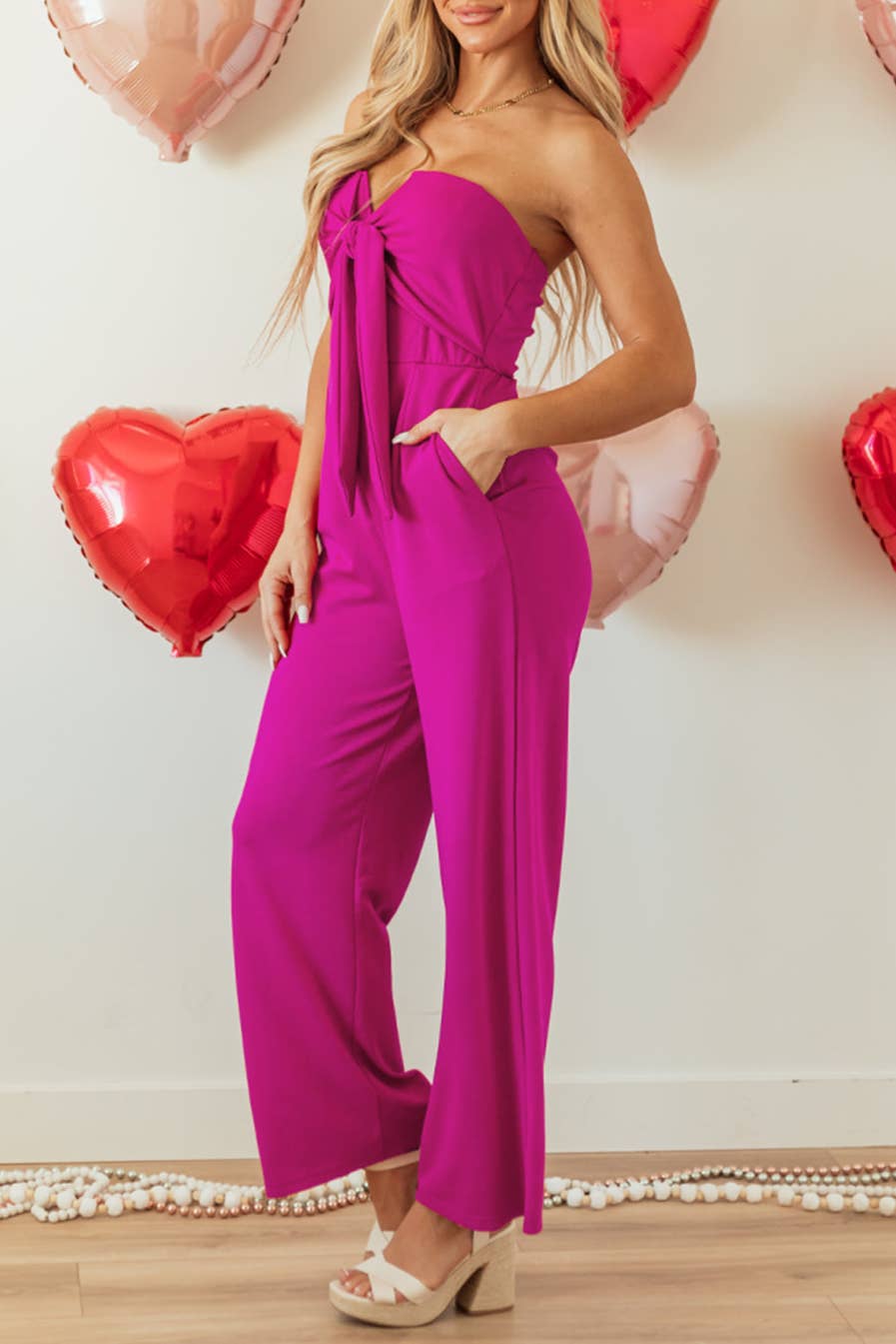 Bow Strapless Wide Leg Jumpsuit: Bright Pink / M