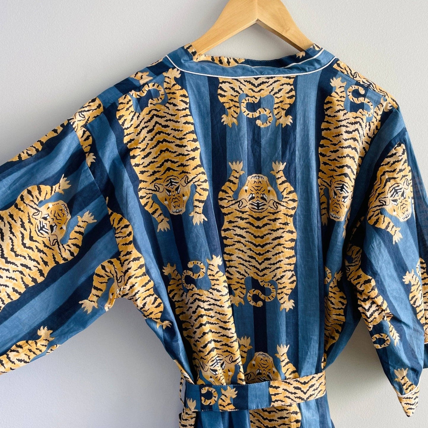 POPULAR 100% Cotton Block Printed Kimono Robe- Blue Tiger