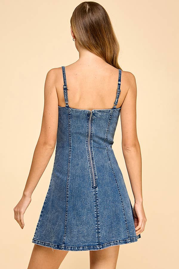 Fit and flare denim mini dress with cut out detail: DENIM / S
