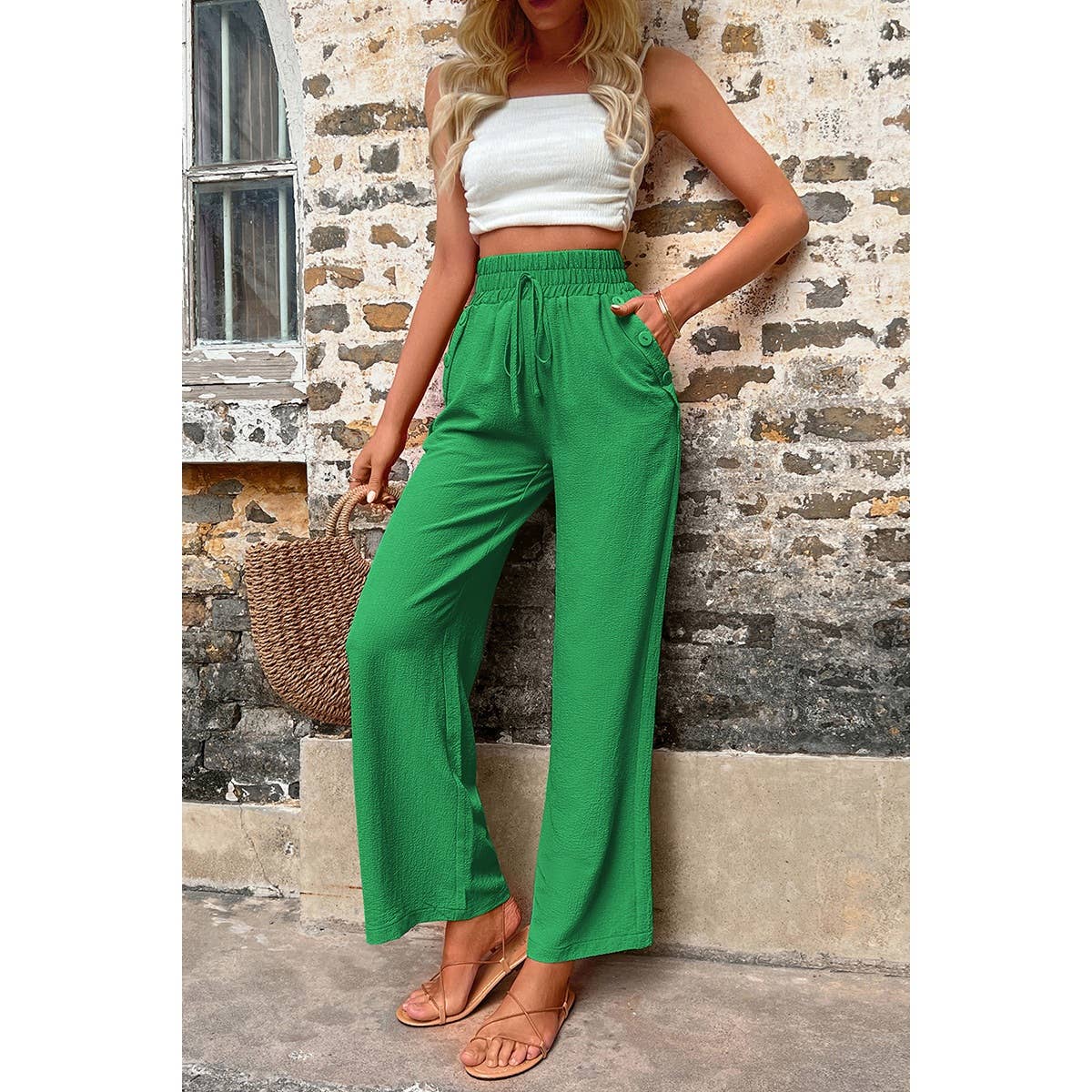 Elastic Waist Solid Pockets Button Trim Pants: GREEN / L