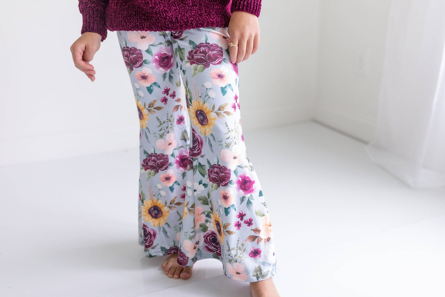Kids Long Sleeve Plum Sweater & Sage Floral Bell Bottom Set: 3/4