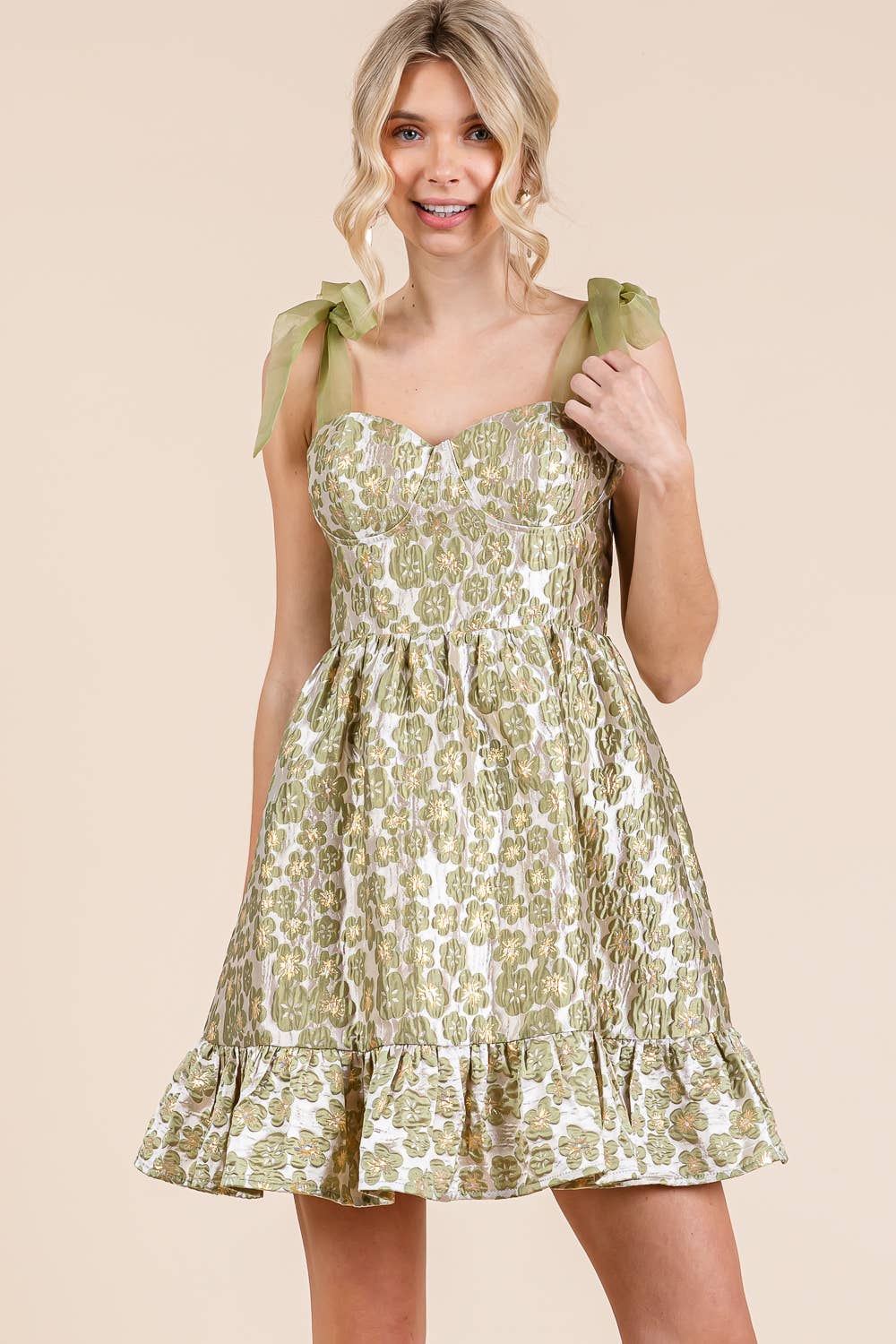 Floral Jacquard Tiered Mini Sundress, MD51647: Sage / S