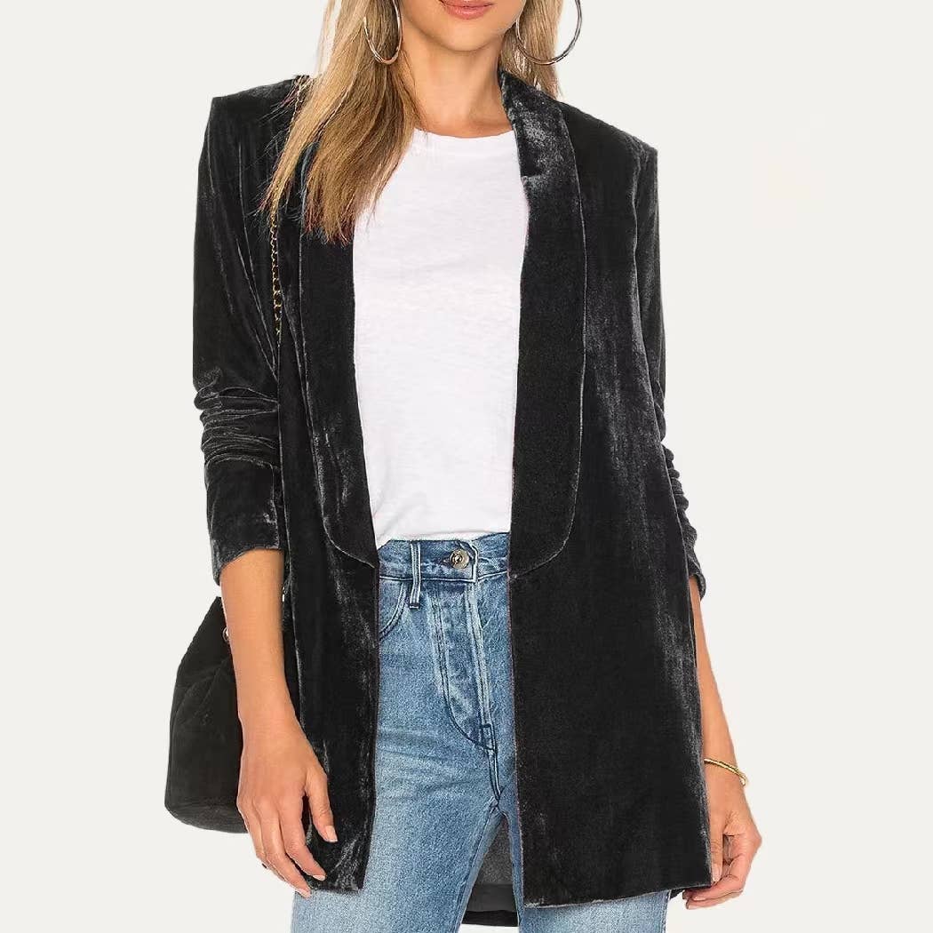 Trendy Velvet Solid Open Front Lightweight Blazer: Dark Red / XL
