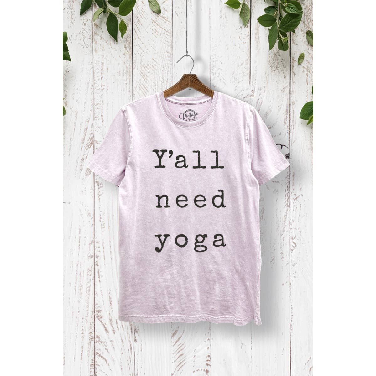TR245-P7011 Y'ALL NEED YOGA GRAPHIC MINERAL WASH T-SHIRTS: WASHED LILAC / S-M-L-XL(2-2-2-1)
