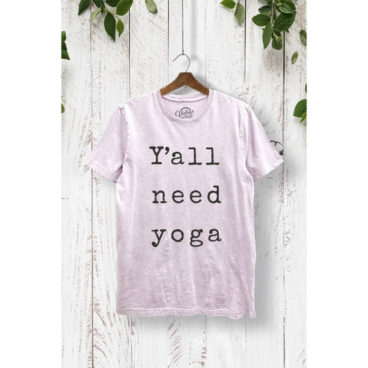 TR245-P7011 Y'ALL NEED YOGA GRAPHIC MINERAL WASH T-SHIRTS: WASHED LILAC / S-M-L-XL(2-2-2-1)