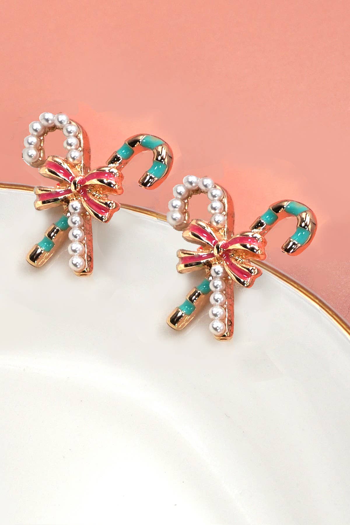 CHRISTMAS CANDY CANE PEARL BOW STUD EARRINGS | 31E50799: GOLD