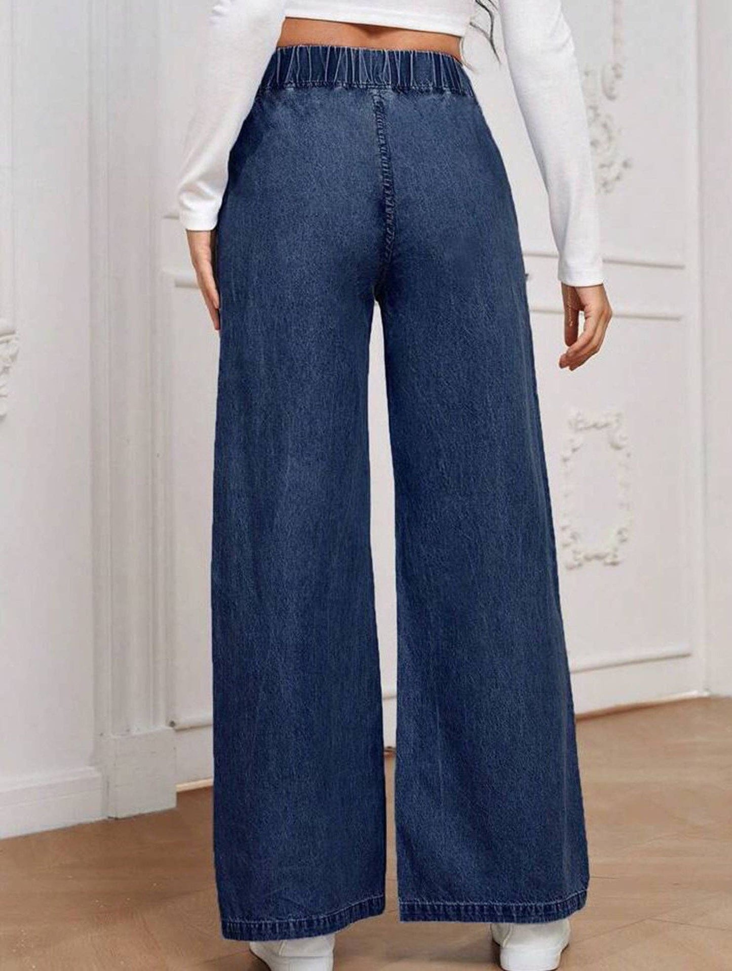 Wide-leg plus-size elastic waist jeans: DARKBLUE / (M) 1