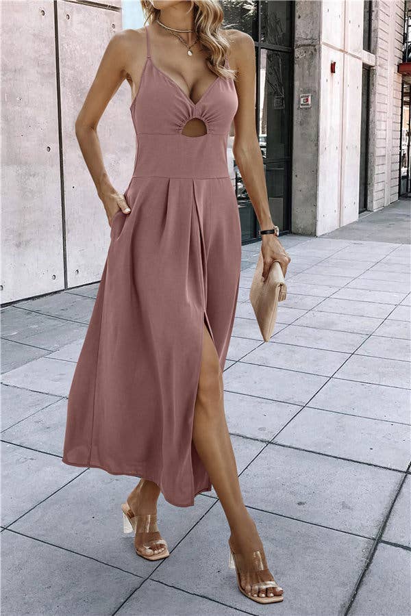 SZ1-DR0035 Ruched Cut Out Tank Dress with Front Slit: Green / S