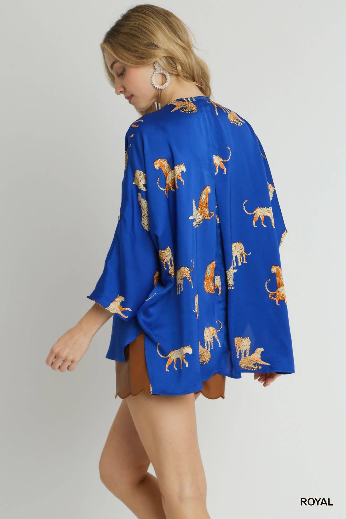 Satin Animal Print V-neck Front Pleated Top: ROYAL