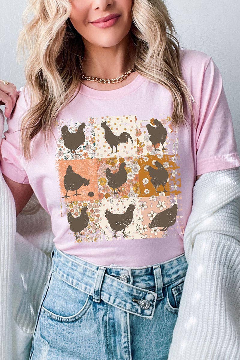 RETRO VINTAGE CHICKENS UNISEX SHORT SLEEVE,GRAPHIC: MAUVE / L