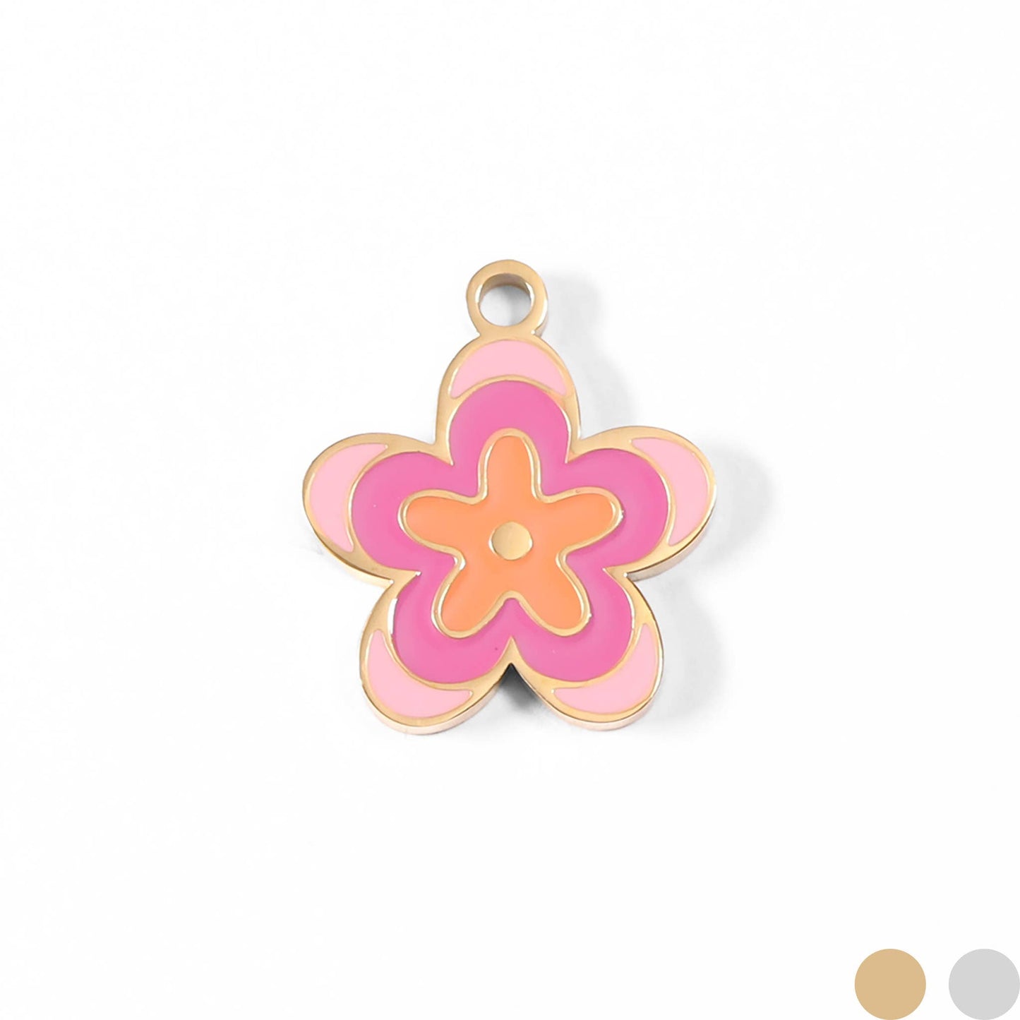 Stainless Steel Epoxy Pink Flower Charm: Gold