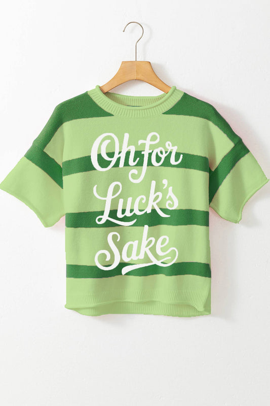 Embroidered Letter Short Sleeve Sweater T-shirt: Green Stripe / L