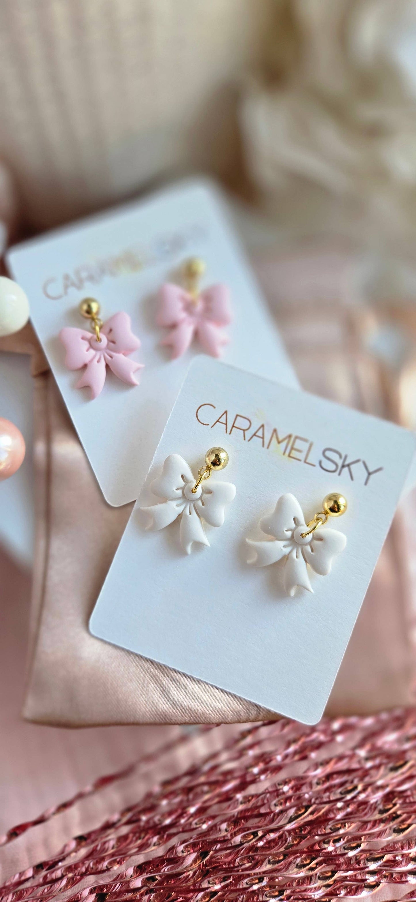 Bow Earrings, Valentine's Day Bow Earrings, Clay Earrings: Pink