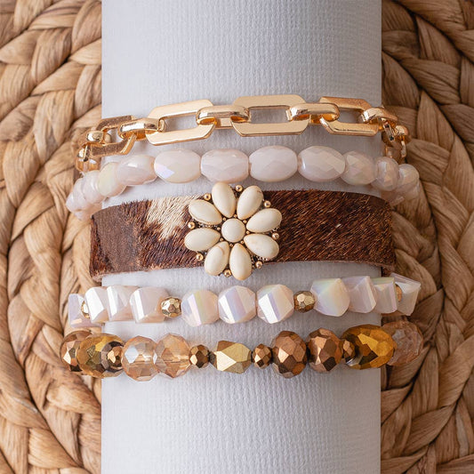 Leopard and Crystal Stacked Bracelets: Beige