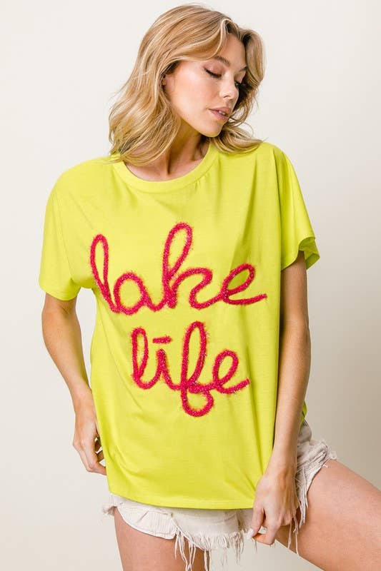 Metallic Letter Short Dolman Sleeve Top: TURQUOISE / 2-2-2-2 (S-M-L-XL)