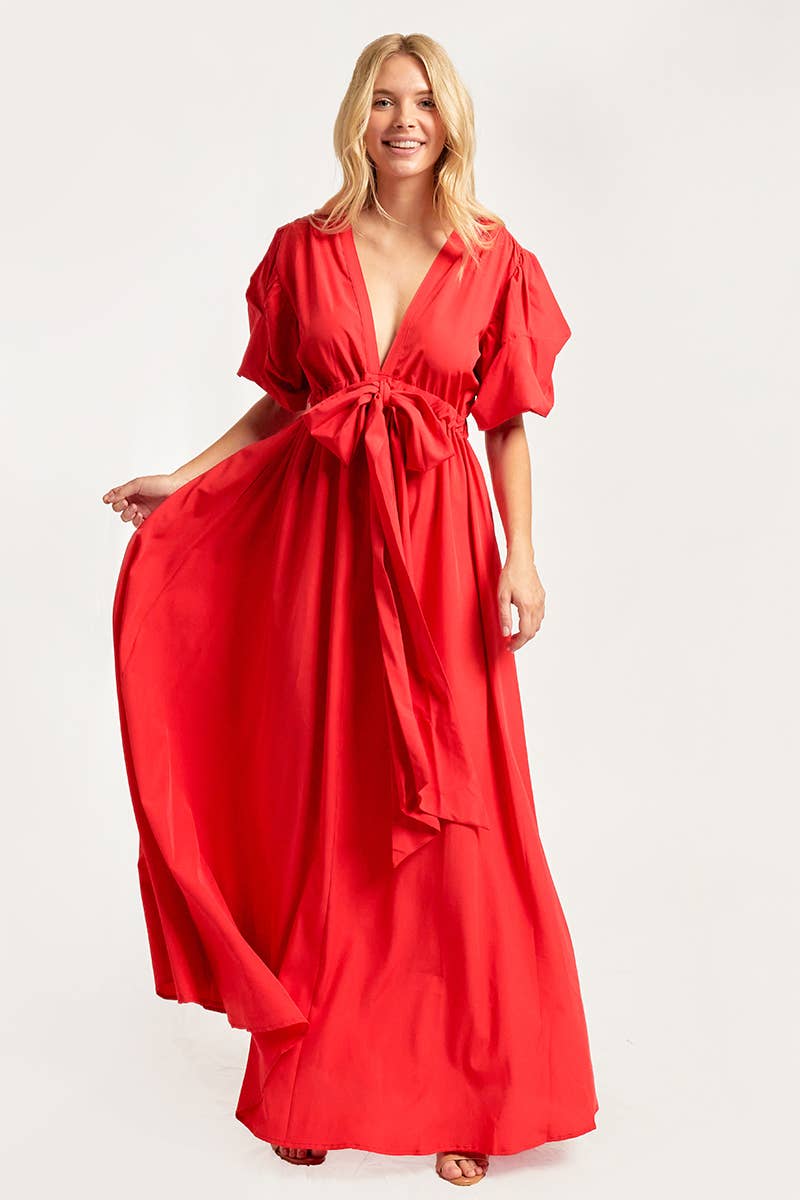 V NECK MAXI DRESS WITH PUFF SLEEVES: Green