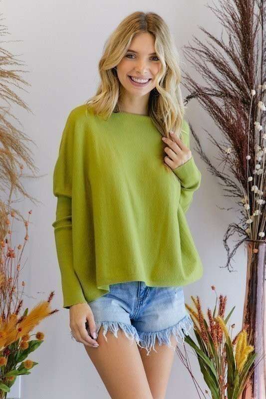 BOAT NECK TIGHT SLV BOX SWEATER TOP: PEAR / S
