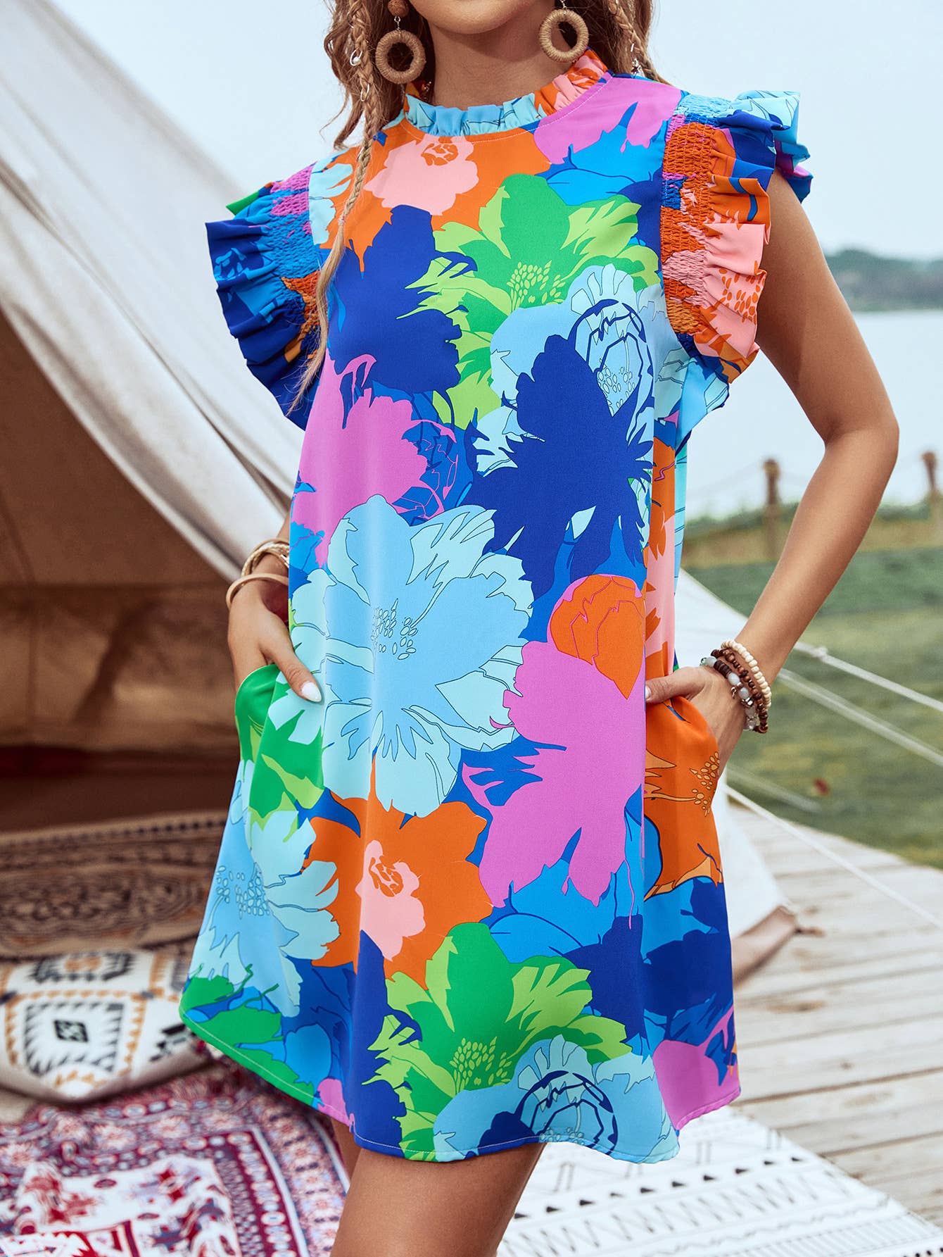 Colorful Floral Print Ruffled Sleeve Mini Dress: Blue / 2XL