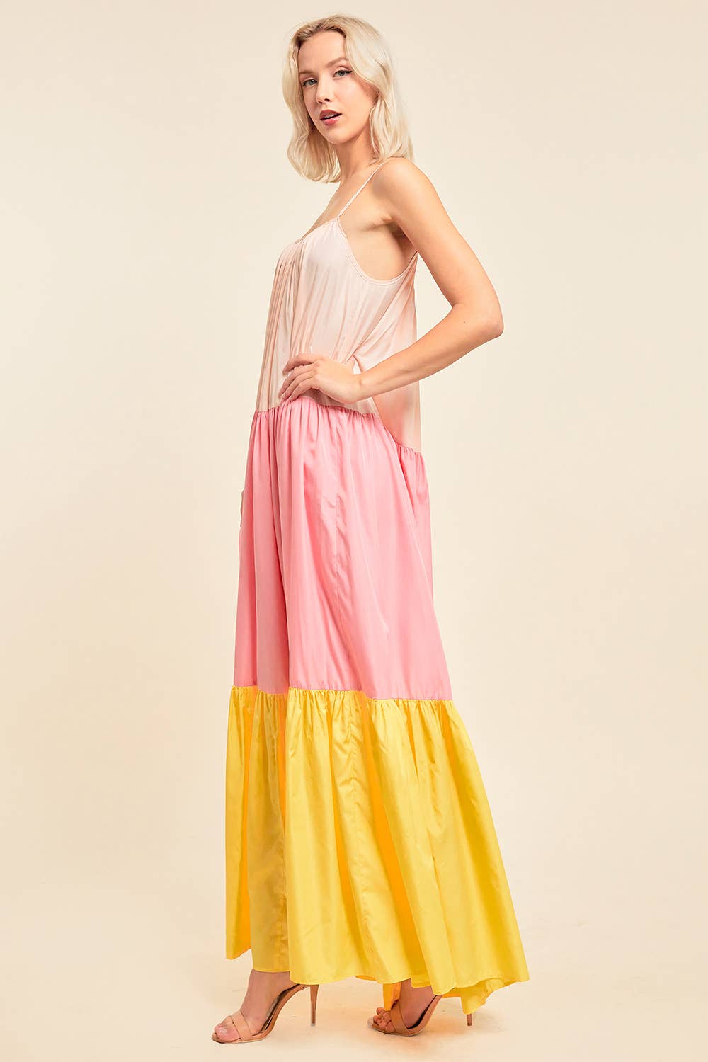 COLOR BLOCK MAXI DRESS WITH POCKETS: YELLOW/PINK