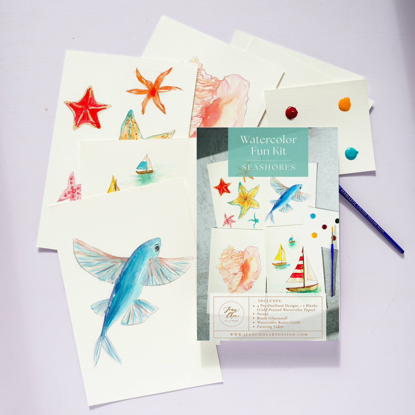 Watercolor Painting Kit: Seashores, Outlined Sea Life & Sail