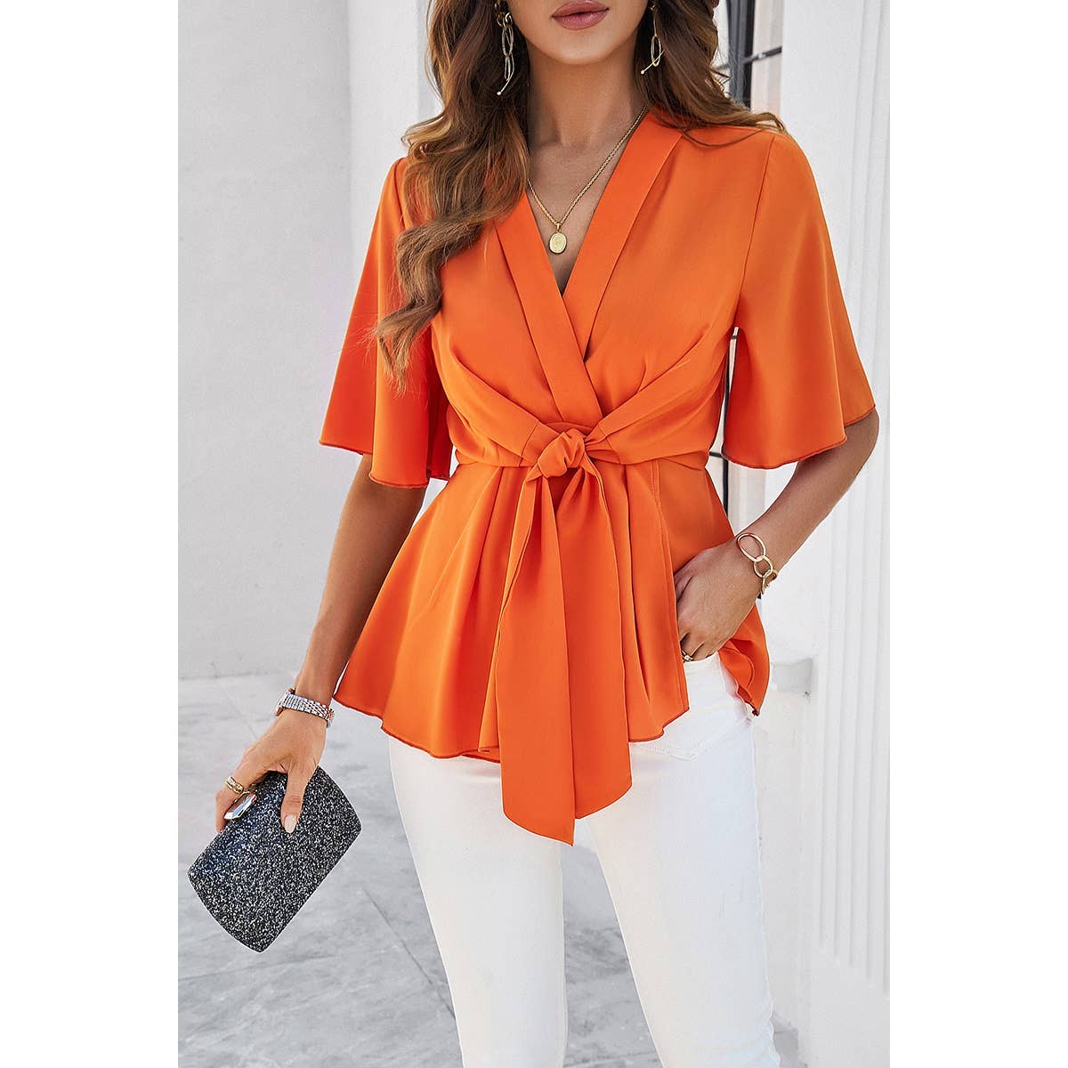 Wide Sleeve Deep V Knot Cross Ruffle Fit Blouse: BLUE / L