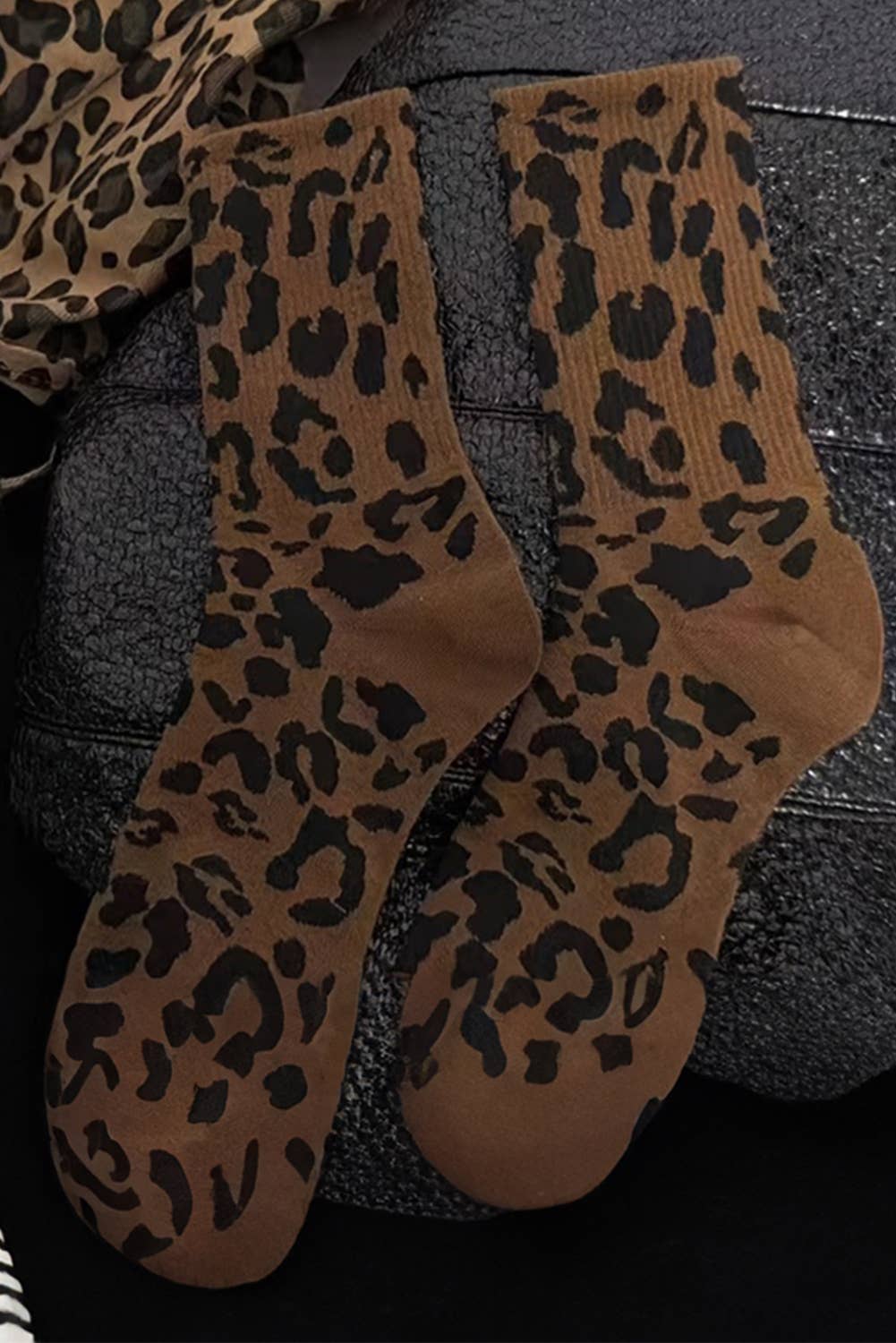 LDC Leopard Print Ribbed Crew Socks: Chestnut