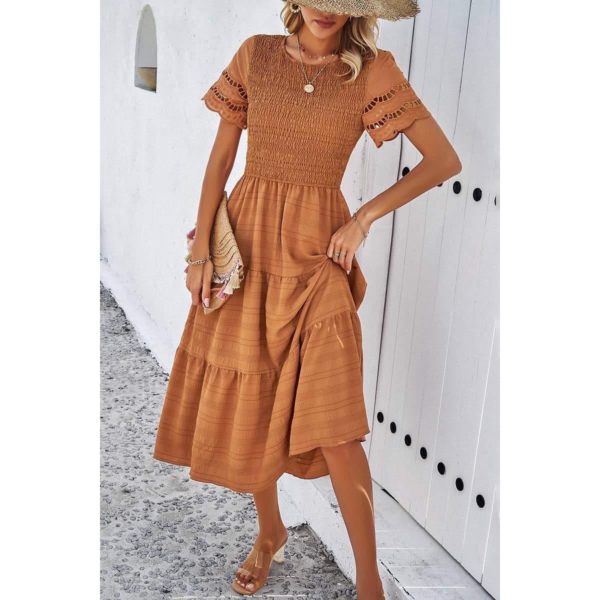 Lace Round Neck Ruched Fit Ruffle Solid Dress: WHITE / M
