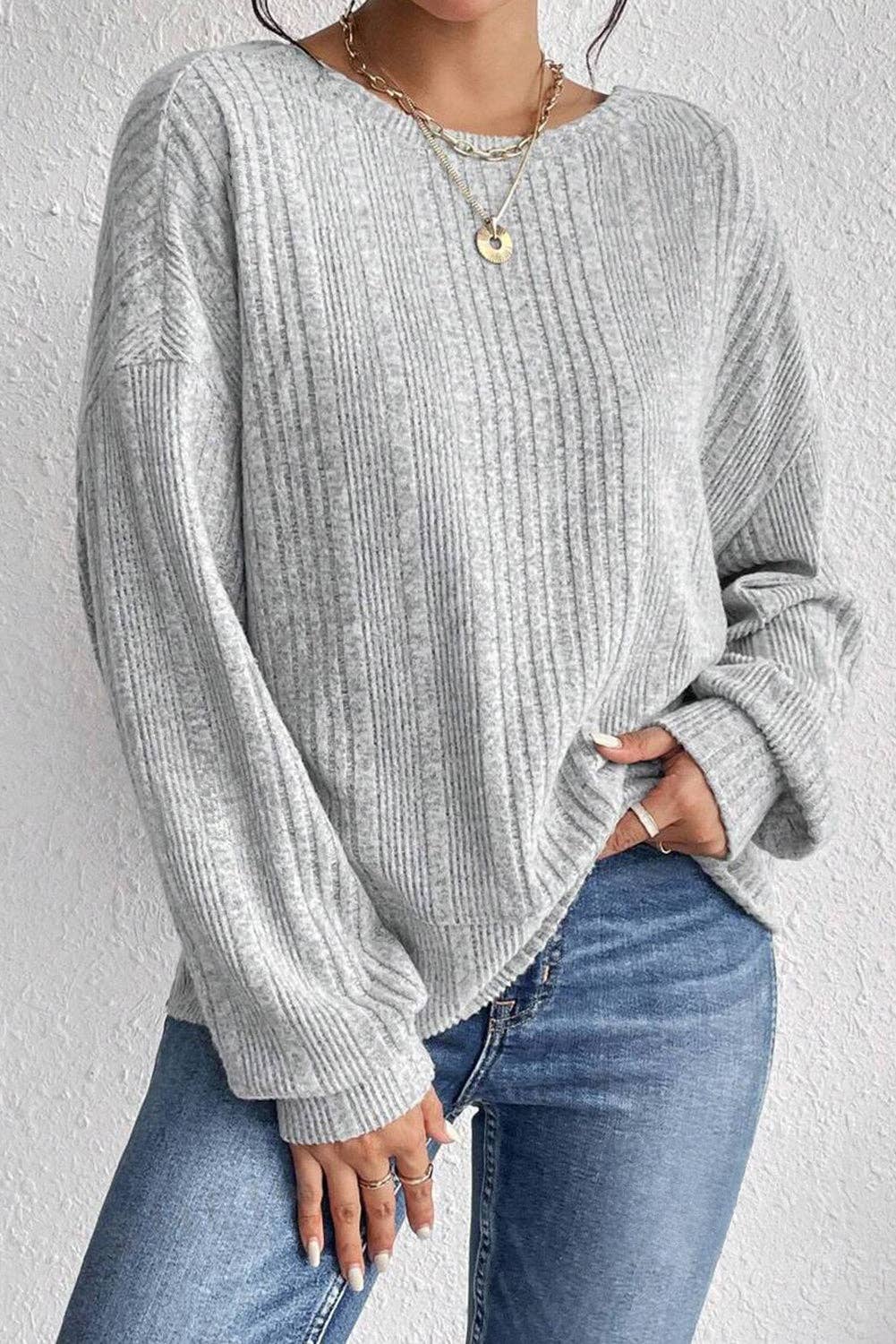 Textured Backless Long Sleeve Top: Light Grey / M