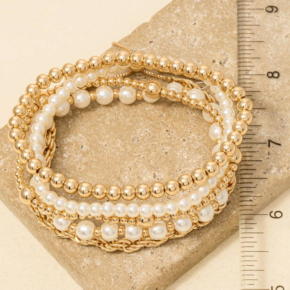 Pearl And Metallic Beaded Bracelet Set: GD