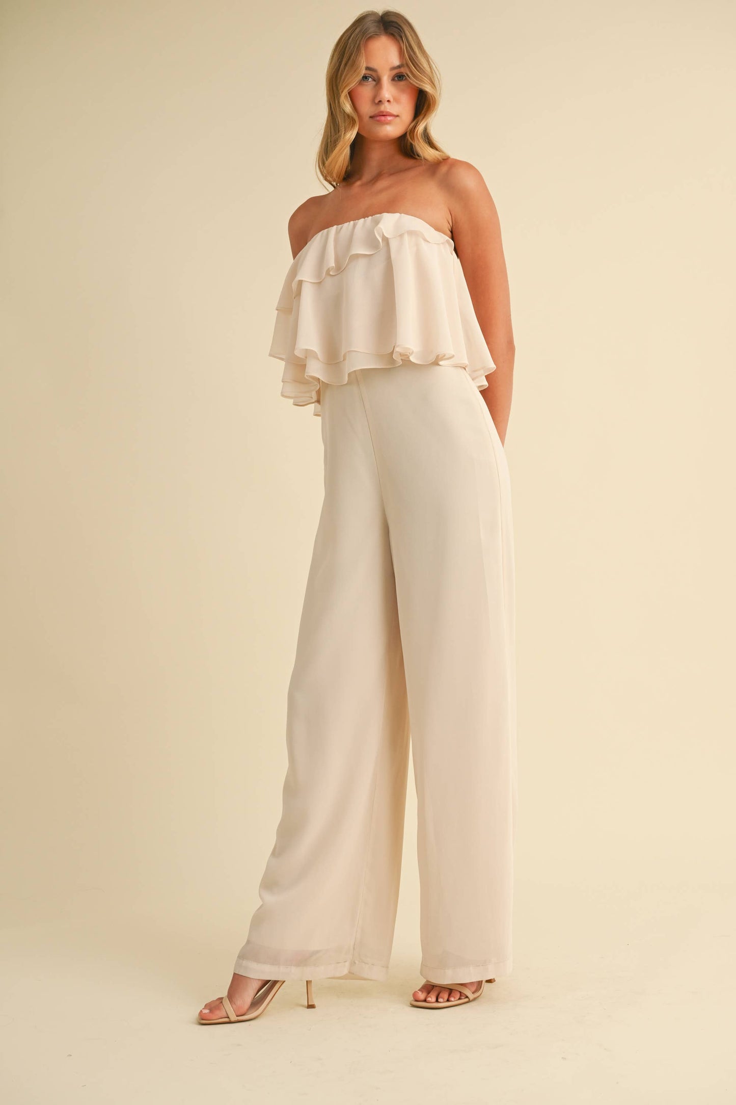 IJP3029 CHIFFON RUFFLES TUBE JUMPSUIT: CREAM / L