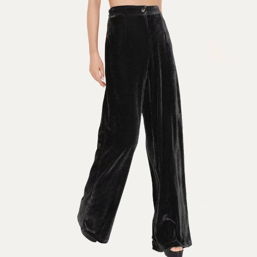 Chic Solid Velvet High-Rise Wide Leg Trouser Pants: Red / L