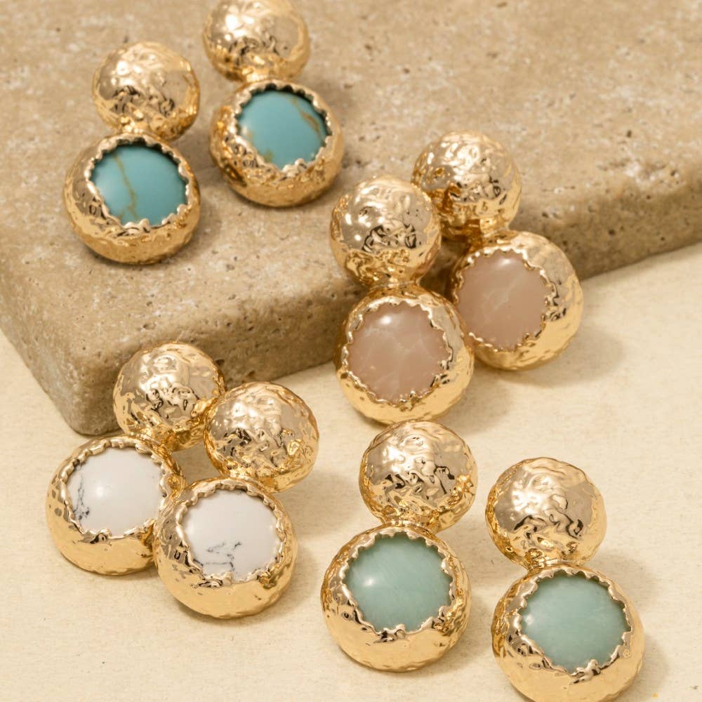 Hammered Dome And Stone Stud Dangle Earrings: TQGD