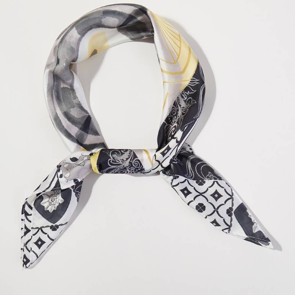 Flower And Lemons Print Square Bandana Scarf: BK