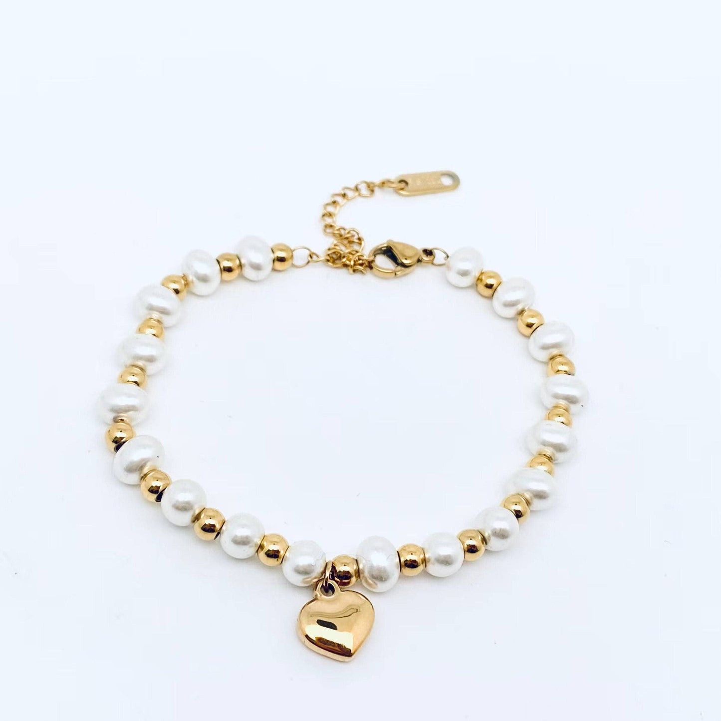 Stainless Steel Heart Pendant Pearl Beaded Bracelet - FGS: Gold