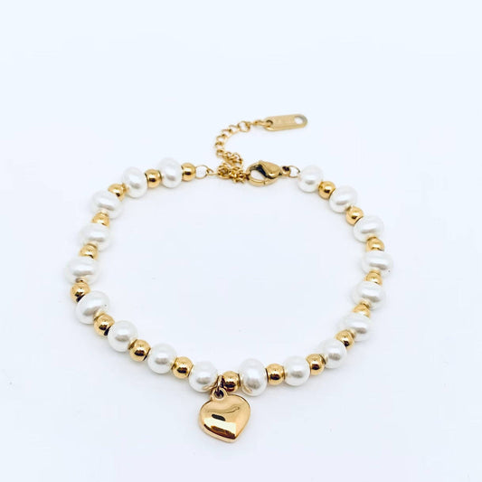 Stainless Steel Heart Pendant Pearl Beaded Bracelet - FGS: Gold