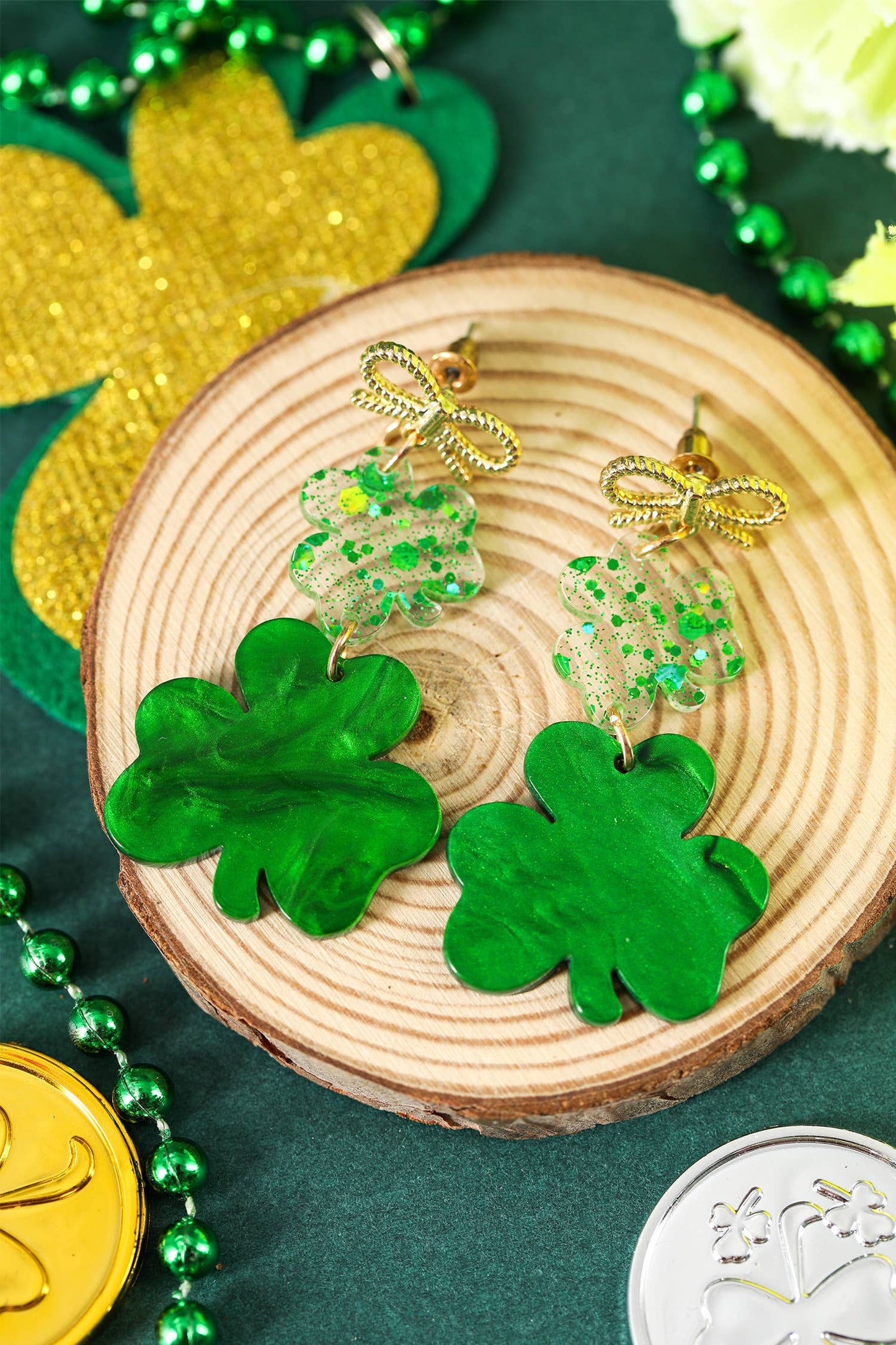 Clover Glitter Bow Drop Earrings Fashion Jewelry: Green / ONE SIZE
