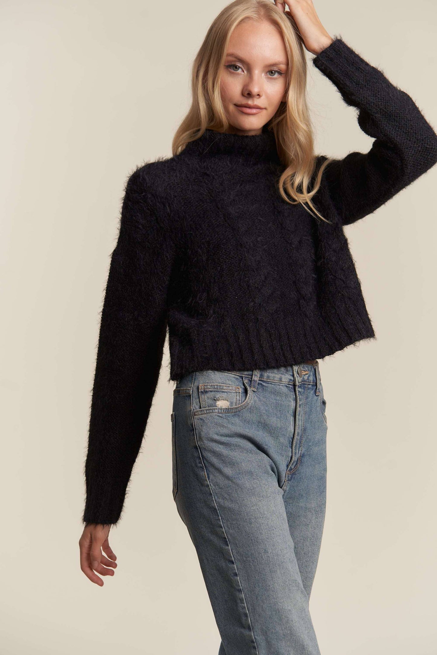 FUZZY FUR  LONGSLV TURTLE NECK CABLE KNIT SWEATER: BLACK / S