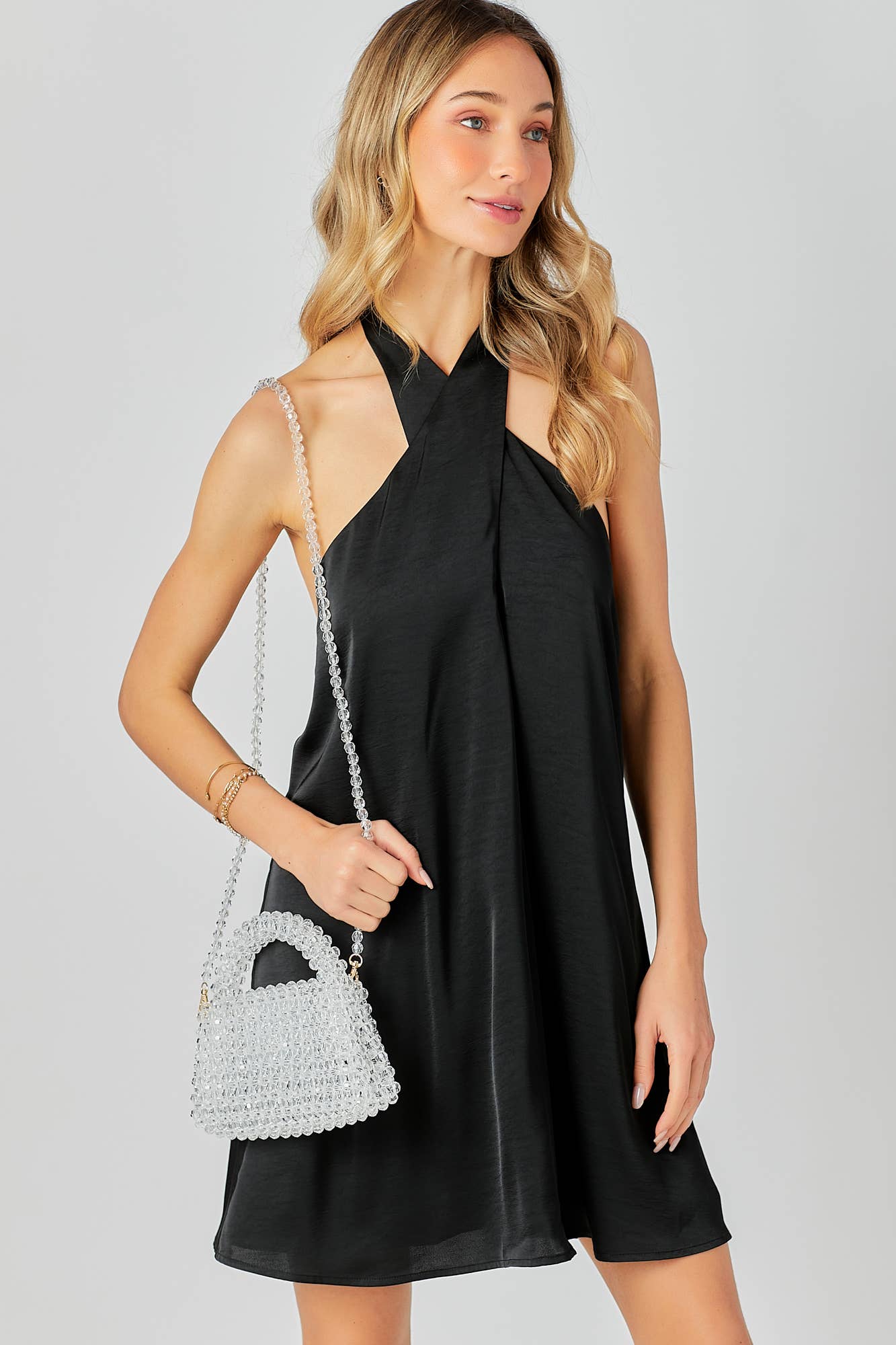 Halter Cross Neck Dress: FUCHSIA / S