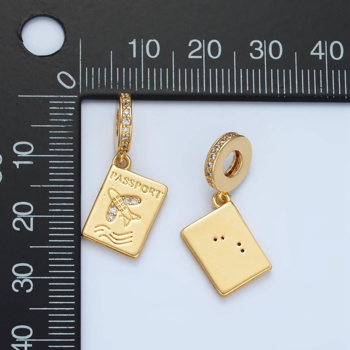 24K Gold Filled Micro Paved CZ Travel Passport Rhondelle Drop Pendant | E369