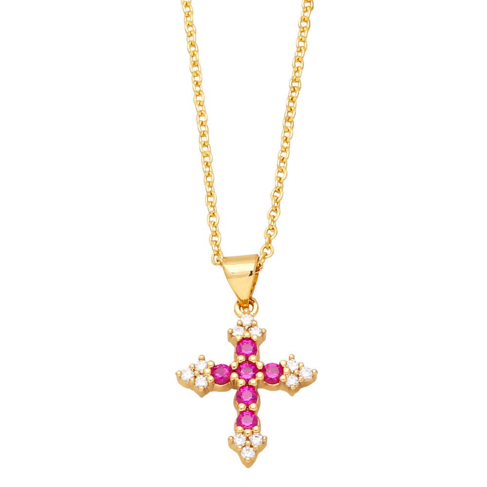 Colorful Cubic Zirconia Cross Pendant Necklace: Green