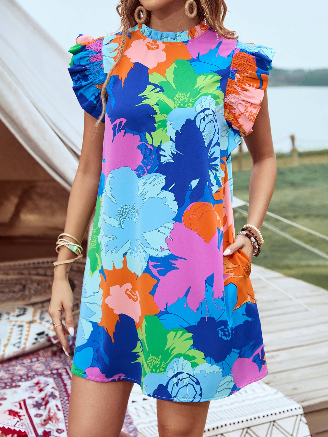 Colorful Floral Print Ruffled Sleeve Mini Dress: Blue / 2XL