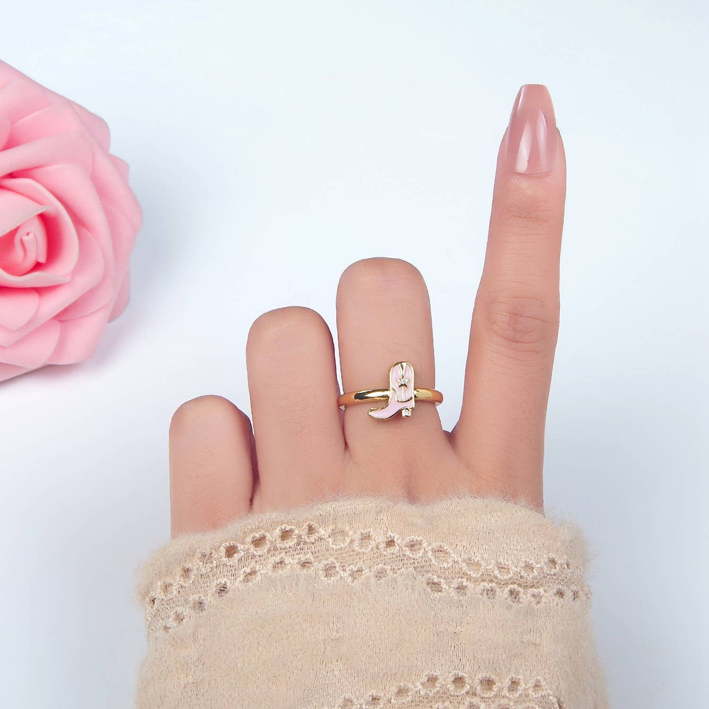 24K Gold Filled CZ Pink Enamel Cowboy Boots Ring  | O979