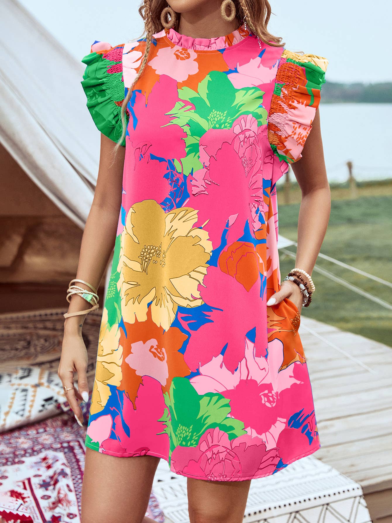 Colorful Floral Print Ruffled Sleeve Mini Dress: Blue / L