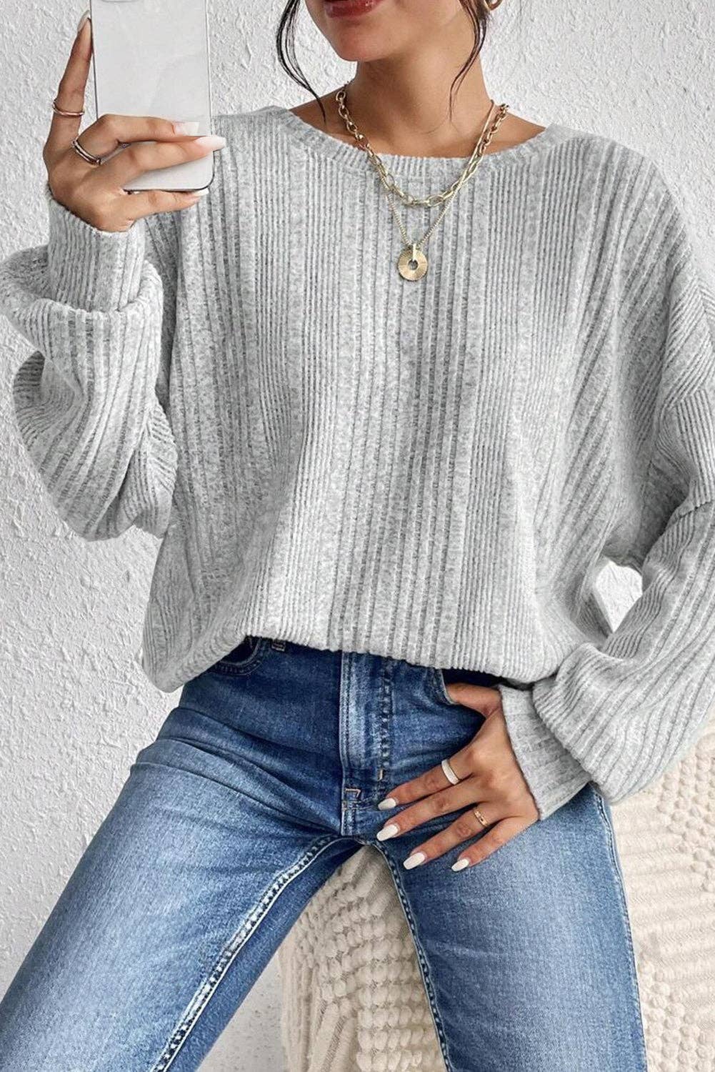 Textured Backless Long Sleeve Top: Light Grey / M