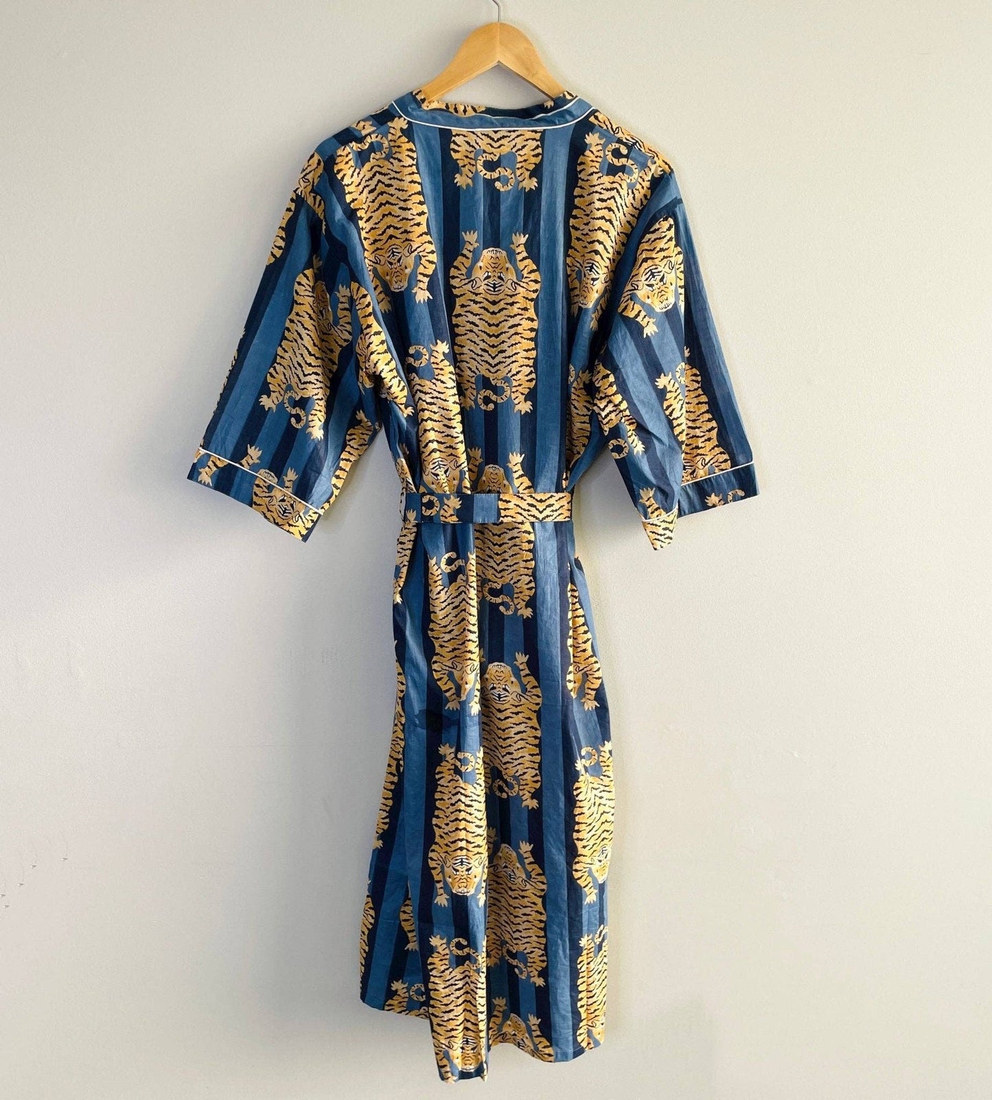 POPULAR 100% Cotton Block Printed Kimono Robe- Blue Tiger