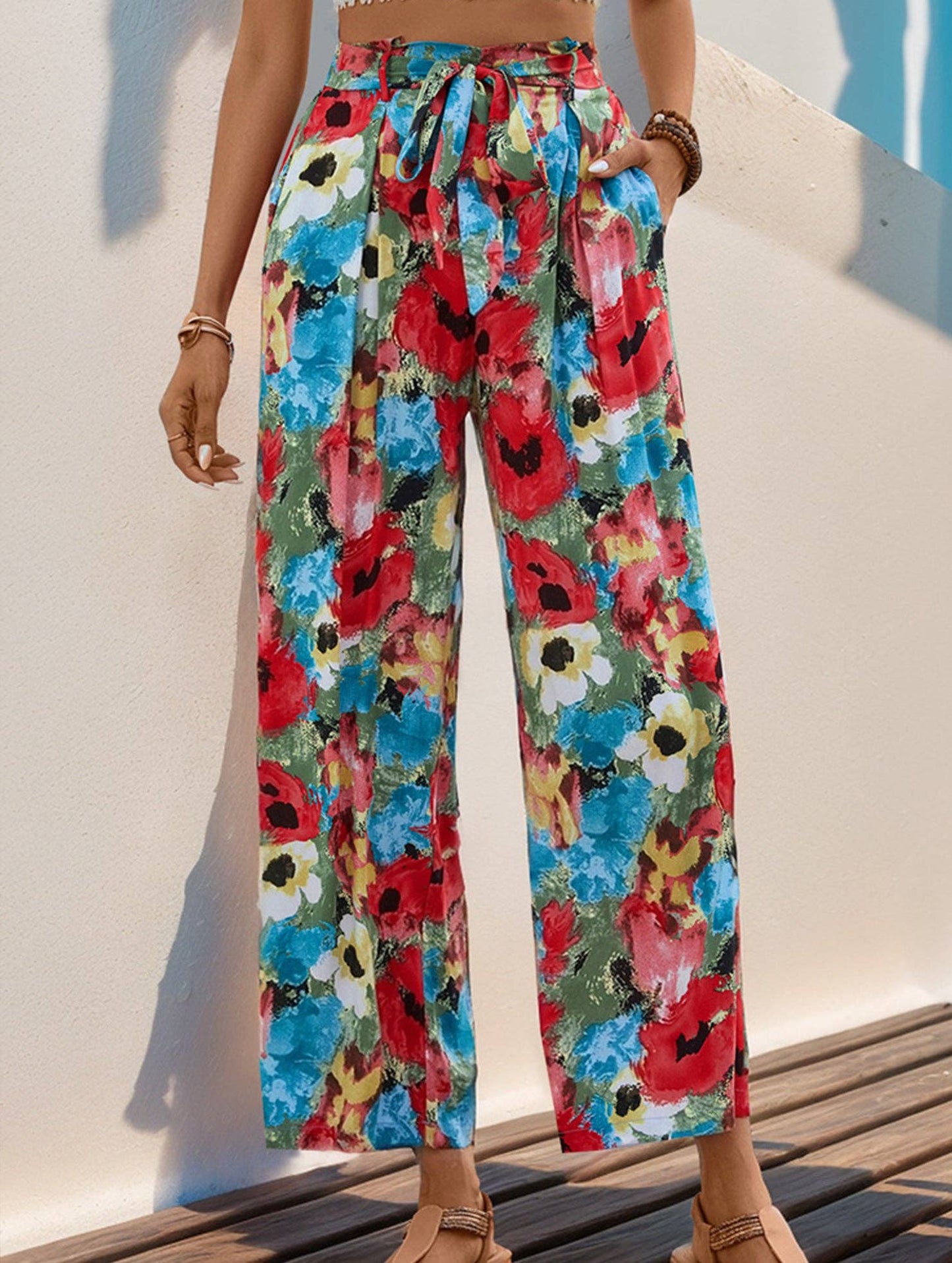 High-waisted casual vacation wide-leg pants: Green / (M) 1