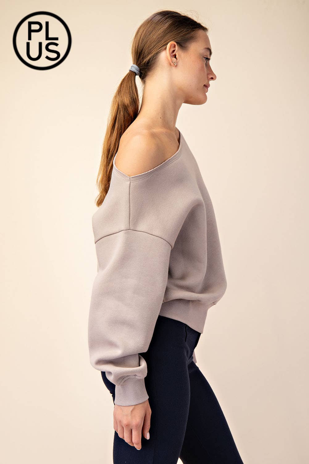 PLUS SIZE FRENCH TERRY FLEECE OFF SHOULDER SWEATSHIRT: Eucalyptus / 1X-2X-3X(3-2-1)