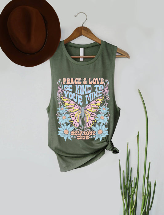Peace & Love Butterflies Graphic Women's Jersey Tank Top: Black / S