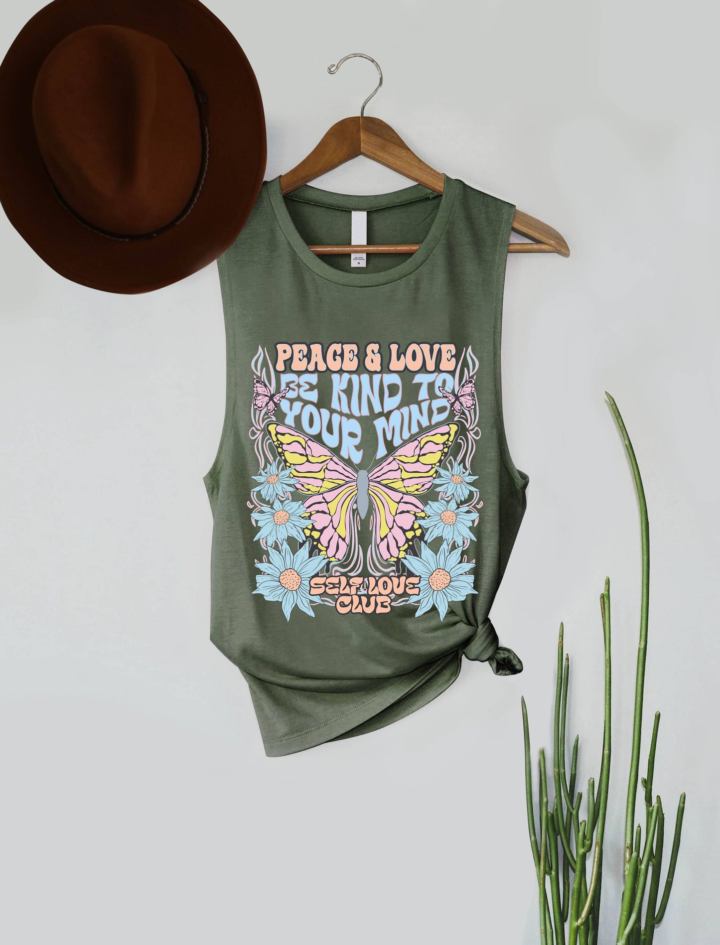 Peace & Love Butterflies Graphic Women's Jersey Tank Top: Black / XL