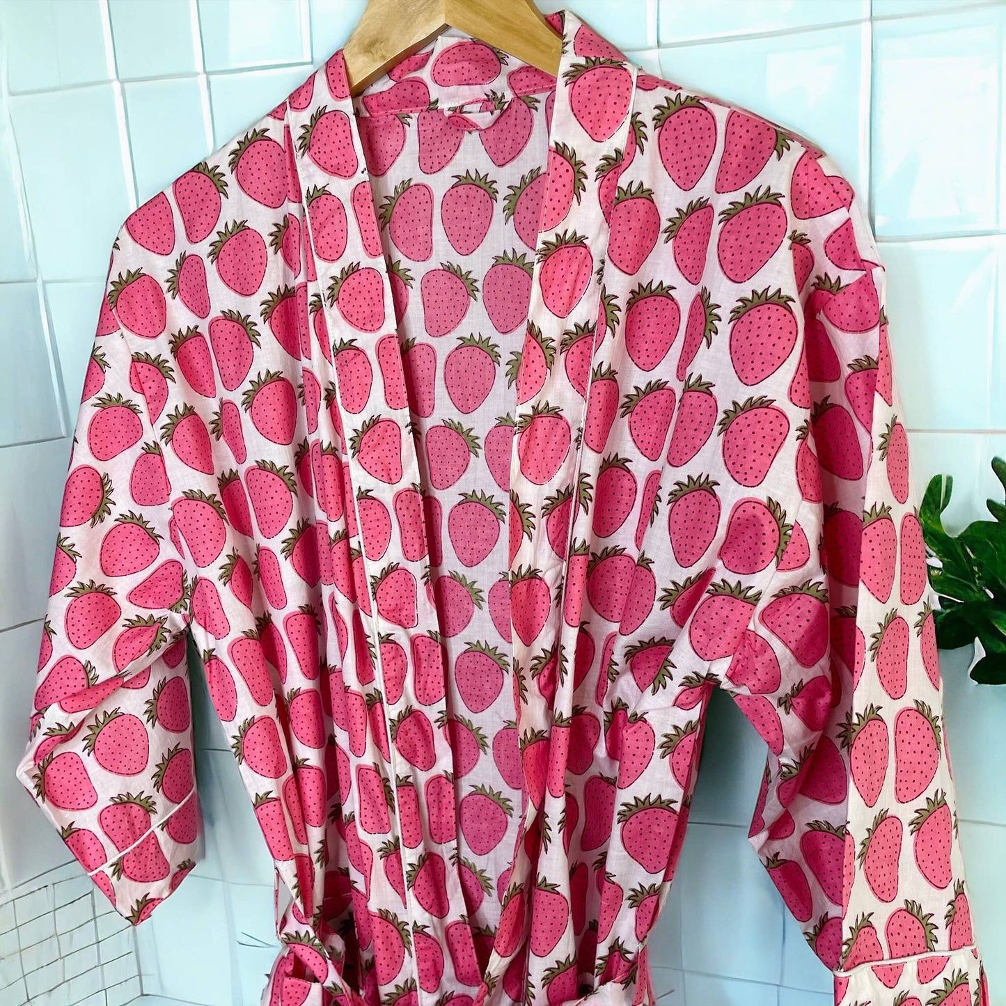 Women's Cotton Kimono Robe | Block Printed | Strawberry